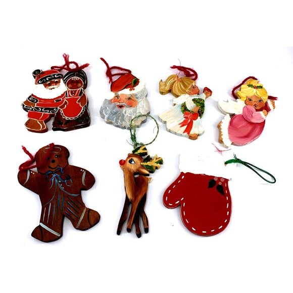 Wood Hand Painted Christmas Ornaments Rustic Country Folk Art 5" Tall Set of 7 - Picture 1 of 10
